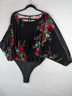 Free People Black Floral Velvet Bodysuit with Batwing Sleeves